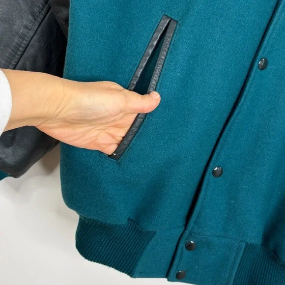 Vintage Varsity Jacket Mens Large Green Blue Wool Black Leather SPCA Dog Lover - Picture 8 of 16